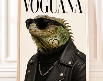Voguana Iguana Wall Art, Funny Reptile Poster, Fashion Animal Print, Sunglasses Lizard Decor, Eclectic Printable Download