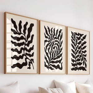 Minimalist Leaf Wall Art Set of 3 Prints, Modern Black Botanical Poster, Neutral Abstract Art, Boho Decor, Digital Wall Art Printable