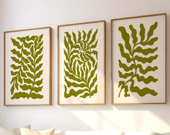 Olive Green Abstract Leaf Print Set, Boho Botanical Wall Art (Digital Download)