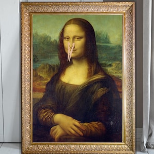 Funny Bathroom Altered Art, surreal Mona Lisa, Eclectic extra large wall art, Maximalist art vintage print, Prank Gift, funny bathroom signs