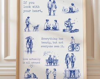 Bocetos azules para pared, póster con cita inspiradora, El amor realmente nos rodea, descarga digital