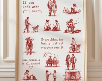 El amor realmente está por todas partes: póster decorativo para pared / boceto romántico / citas inspiradoras / arte vintage de líneas rojas