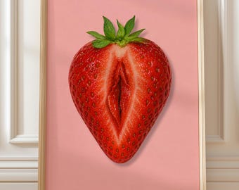 Arte de pared con fresas sensuales / Estampado de vulva feminista / Decoración de cocina rosa
