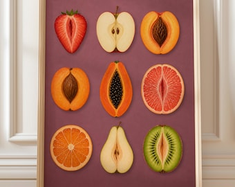 Arte abstracto de frutas para pared / Póster de rebanada de fruta / Decoración feminista para la cocina