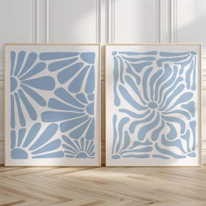 Blue Floral Art Prints, Boho Minimalist Set of 2 (Digital Download)