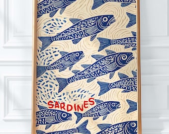 Sardinburktryck, retro köksväggkonst (digital nedladdning)
