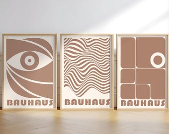 Zestaw 3 plakatów ściennych Bauhaus – brązowa terakota, abstrakcyjne wzory geometryczne, minimalistyczny, nowoczesny plakat