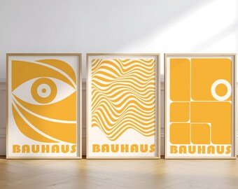 Mustard Bauhaus Art Print Set – Mid-Century Geometric Trio (Digital Download)