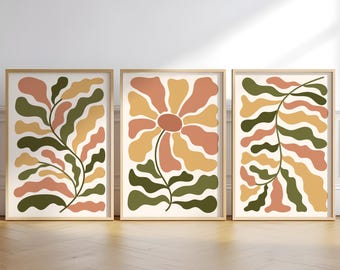 Retro Botanical Wall Art Set of 3, Mid Century Floral Prints, Orange Green Boho Posters, 70s Printable Digital Download