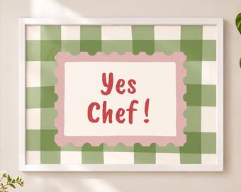 Yes Chef Printable Kitchen Wall Art | Green Gingham Retro Typography Poster | Funny Food Quote Cottagecore Digital Download