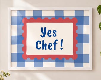 Yes Chef Kitchen Wall Art | Blue Gingham Cooking Quote | Retro Checkered Printable Poster | Funny Foodie Digital Download