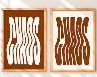 CHAOS Typography Poster Wavy Retro Printable Wall Art Brown Cream Y2K Dorm Decor Funky Graphic Digital Download