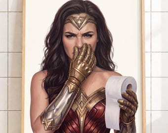 Funny Superheroine Bathroom Art, Female Hero Toilet Paper Print, Comic Wall Decor, Humorous Restroom Poster, Digital Download, Gift