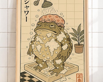 Funny Frog Shower Art Print, Retro Japanese Bathroom Decor (Digital Download)