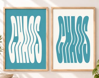 CHAOS Wavy Typography Poster Teal Printable Wall Art Retro Y2K Digital Download Abstract Statement Dorm Decor Minimalist