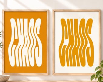 Chaos Print, Wavy Typography, Orange Retro Wall Art, Groovy Poster, Mid Century Decor, Digital Download, Dopamine Aesthetic