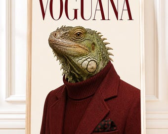 Iguana Wall Art, Voguana Fashion Animal Poster, Funny Reptile Print, Editorial Magazine Decor, Maximalist Printable, Digital Download