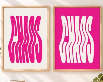 CHAOS Typography Poster, Hot Pink Wavy Retro Printable Wall Art, Dopamine Y2K Decor, Funky Dorm Bedroom Digital Download