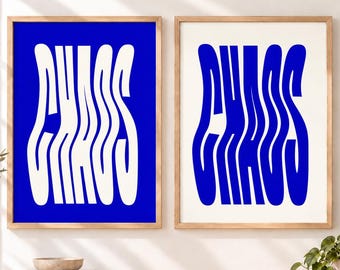 CHAOS Wavy Typography Poster Blue Printable Wall Art Retro Y2K Digital Download Trendy Dorm Decor Abstract Statement Print