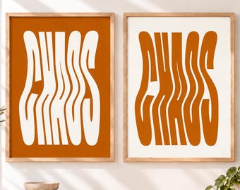 Chaos Wavy Typography Poster Orange Cream Retro Groovy Printable Wall Art Psychedelic Mid Century Dopamine Decor Digital Download
