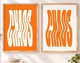 Chaos Poster Orange Wavy Typography Retro Wall Art Psychedelic Printable Digital Download Groovy Mid Century Decor