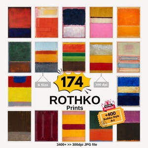 May include: A collection of 174 Rothko prints featuring various abstract color block compositions in red, blue, yellow, green, and orange. The image includes text labels stating 174 Rothko Prints, 6 Size, 300 dpi, and an extra bonus of 400 Rothko Style Art.