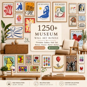 May include: A collection of framed art prints featuring various abstract and modern designs by Matisse, Picasso, and others, displayed on a wall. A central sign reads 1250+ MUSEUM WALL ART BUNDLE, Printable Gallery Wall Set, Digital Download, Instant Access.