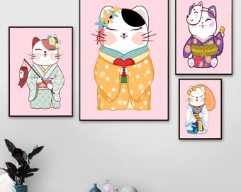 Japanese Art Digital Prints set of 9, Meditation cat kimono yoga japan, Funny Cat Art, Cat Poster, Minimalistic, Modern, Cat digital Poster