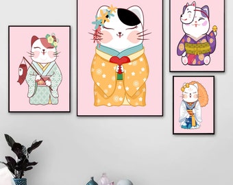 Japanese Cat Art Prints, Kimono Cats, Set of 9 (Digital Download)