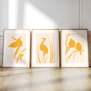 Minimalistische Vogel Wandkunst Boho Vogel Poster Abstrakte Natur Silhouetten Moderne Gelb Dekor skandinavischen Stil Zeitgenössischen Vogel Digitale Kunst