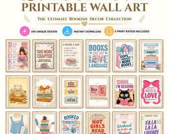 Paquete de 850 láminas imprimibles para amantes de los libros, decoración para rincones de lectura, pósteres para bibliotecas, láminas para clubes de lectura, galería literaria para pared (descarga digital).