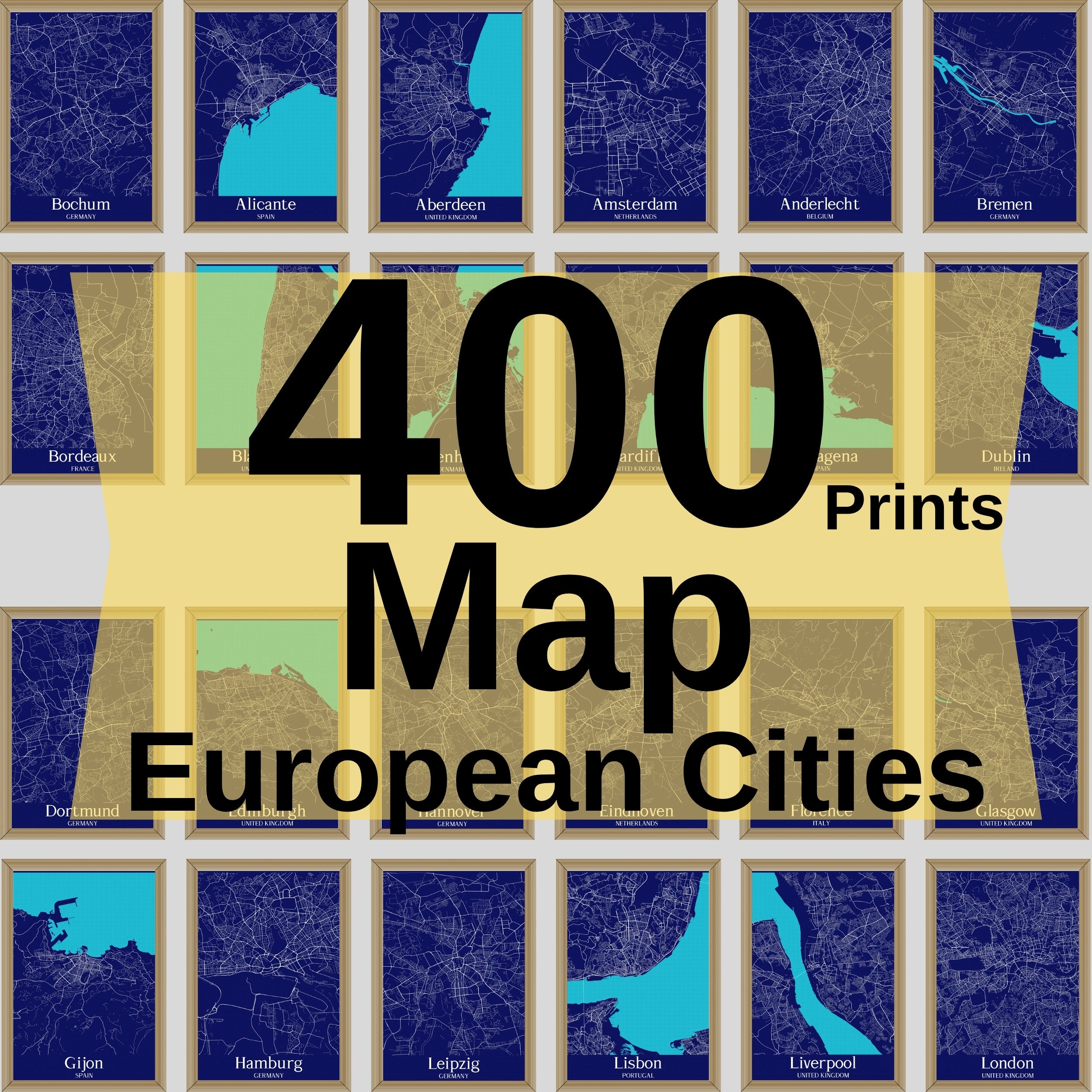 Blue City Map Art, Set of 400 Map, Office Decor Travel Gift Custom Map