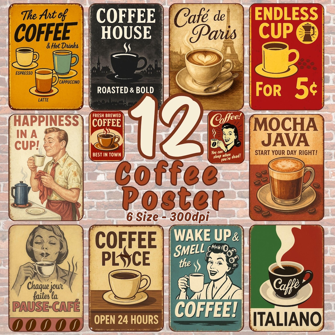 Retro Coffee Poster Set, Vintage Cafe Art Prints (digital Download) - Etsy