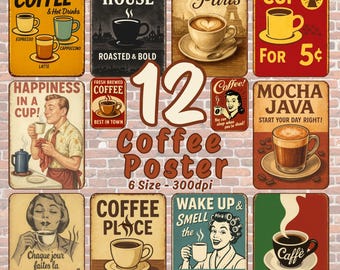 Retro Coffee Poster Set, Vintage Cafe Art Prints (Digital Download)