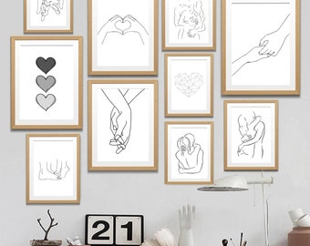 Ensemble de 34 tirages d'art numérique noir et blanc - Affiche de baiser d'amour à la main du couple - Décoration murale de style nordique pour salon, art mural One Line