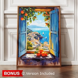 Open Window Henri Matisse Style Poster Coastal Orange Tree View Mediterranean Boats Fauvism Art Print Digital Wall Decor Digital HMS3