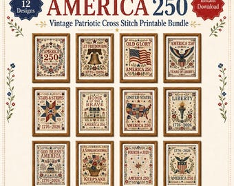 Paquete de láminas decorativas para pared conmemorativas del 250 aniversario de Estados Unidos, muestrario de punto de cruz de estilo americano vintage, decoración patriótica de estilo rústico (1776-2026), lámina decorativa para el 4 de julio en EE. UU.