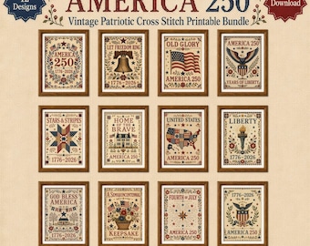 Paquete de láminas imprimibles para pared conmemorativas del 250 aniversario de Estados Unidos, bordado patriótico vintage, decoración americana 1776-2026, conjunto de láminas digitales del 4 de julio, arte estadounidense.