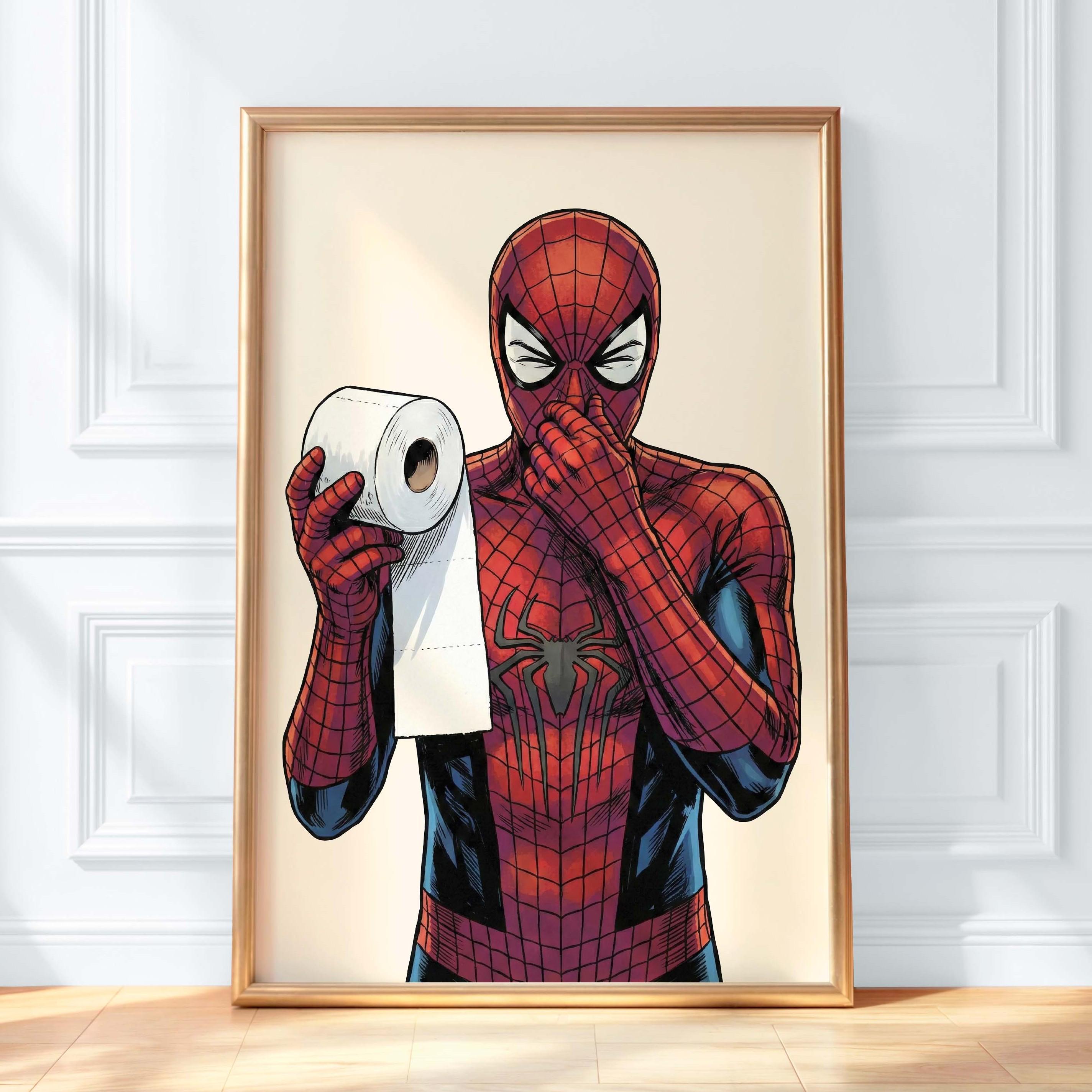 Funny Superhero Bathroom Wall Art | Spider-man Toilet Paper Poster