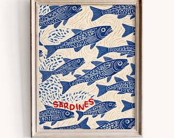 Stampa di latta di sardine, arte murale retrò per cucina (download digitale)