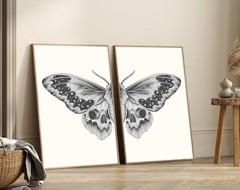 Black Sketch Butterfly Printable Wall Art Set of 2, Butterfly Print Digital Download, Split Butterfly Wings Art Print, Bedroom Wall Art