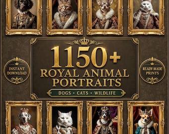 Paquete de láminas decorativas de retratos de mascotas reales, más de 1150 láminas de animales renacentistas (perros y gatos), decoración vintage para galerías, descarga digital imprimible y divertida.