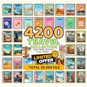 May include: A collection of framed travel posters featuring various destinations like Miami, Sydney, and Tokyo. The posters are arranged in a grid, with the text "4200 TRAVEL COLLECTION" prominently displayed, along with a "LIMITED OFFER" banner.