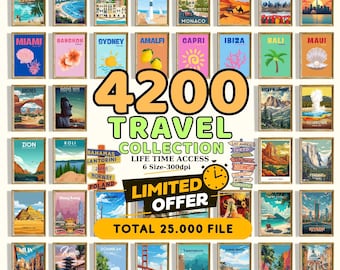 May include: A collection of framed travel posters featuring various destinations like Miami, Sydney, and Tokyo. The posters are arranged in a grid, with the text "4200 TRAVEL COLLECTION" prominently displayed, along with a "LIMITED OFFER" banner.