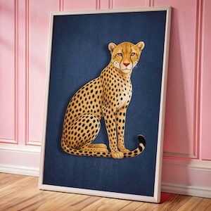 Impressão de parede de chita, impressão de leopardo, arte moderna azul-escuro, impressão de animal, arte contemporânea, casa em estilo maximalista, pôster digital