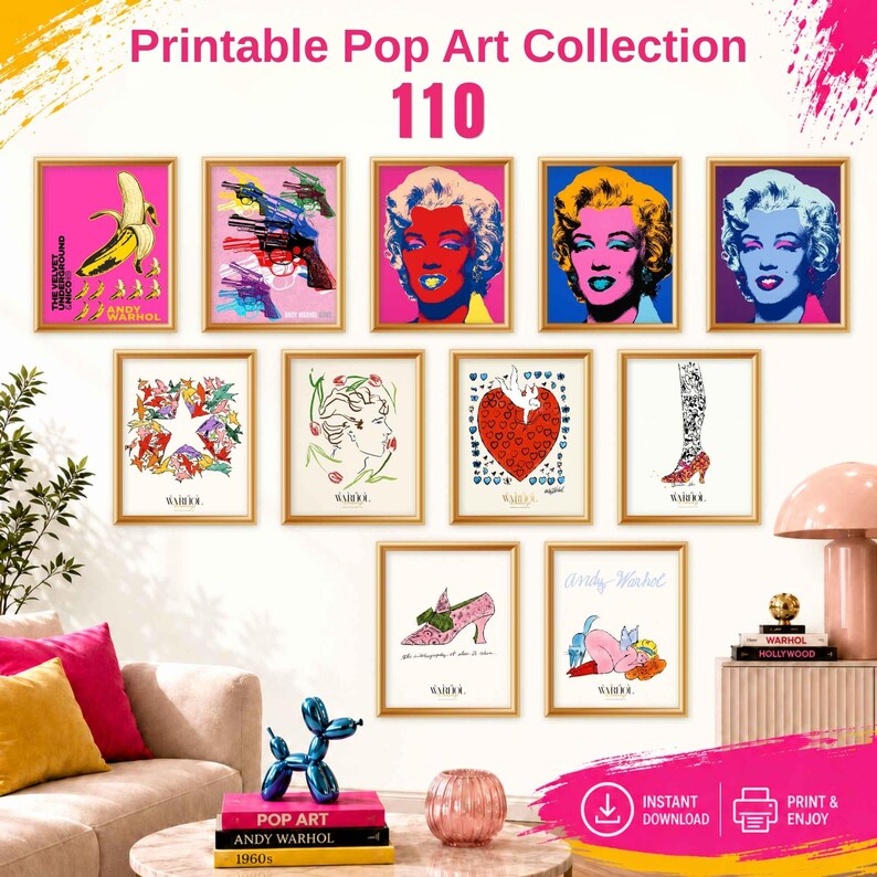 May include: A collection of 110 printable pop art posters featuring iconic imagery including a banana, colorful handguns, portraits of Marilyn Monroe, a star, floral sketches, a red heart, a high heel shoe, and whimsical illustrations with text.