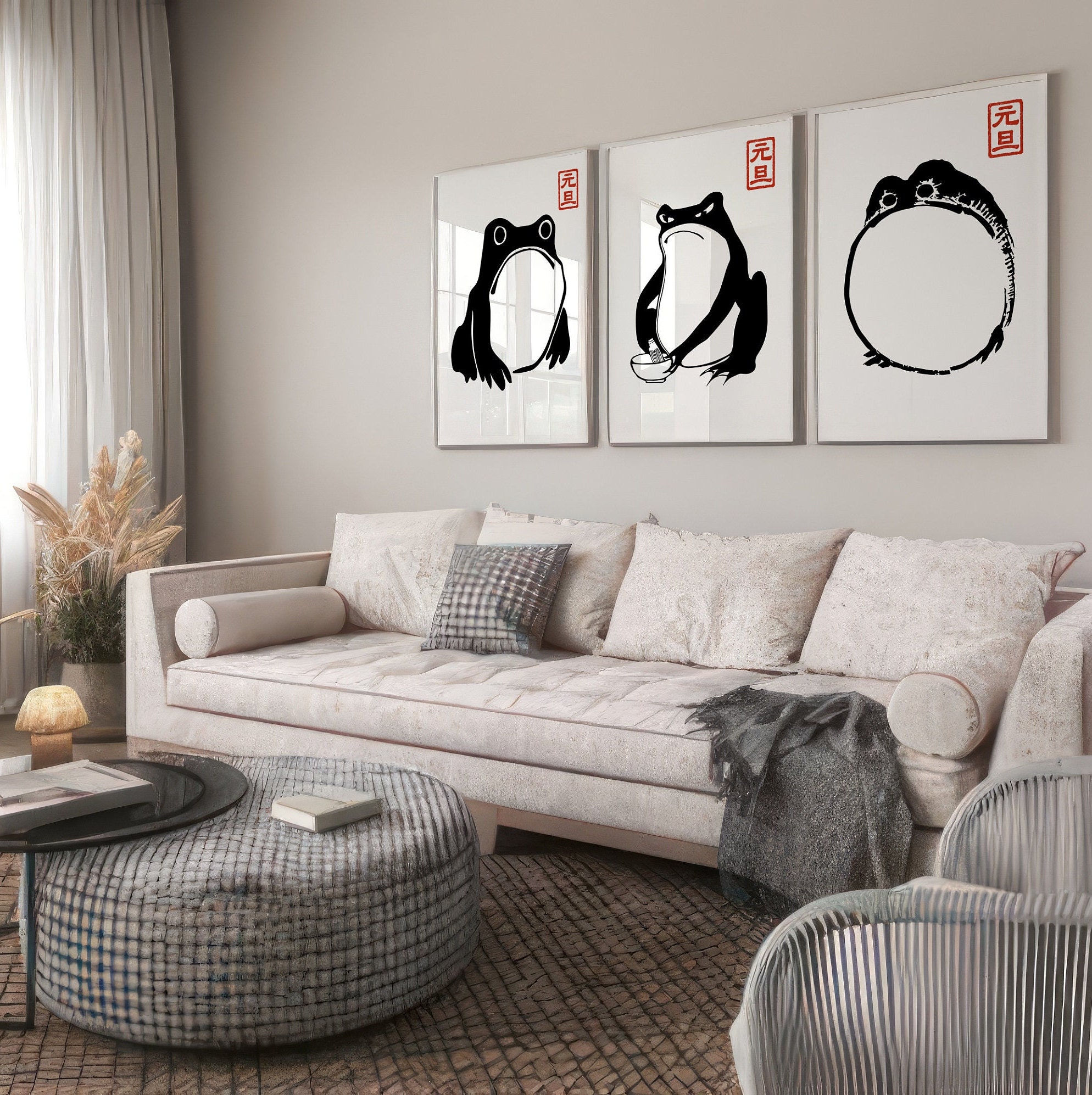 Japanese Matsumoto Hoji Frog Set of 3, Vintage Frog Woodblock Poster