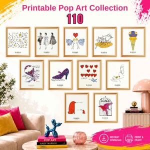 May include: A collection of 110 printable pop art posters featuring various illustrations including stars, figures, hearts, food, and animals. Each framed print displays the text Warhol at the bottom. The display shows eleven distinct art pieces.