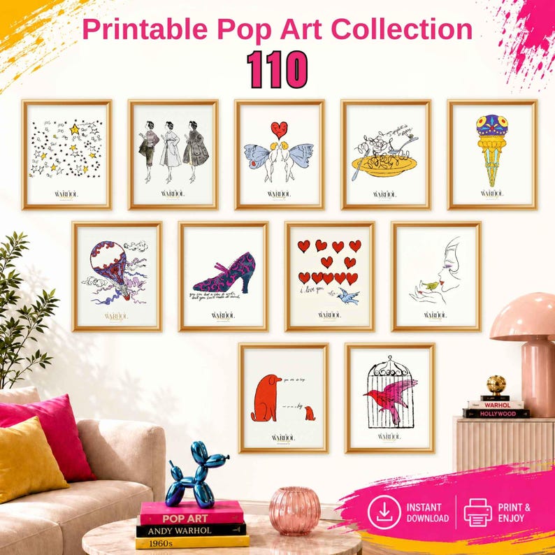 May include: A collection of 110 printable pop art posters featuring various illustrations including stars, figures, hearts, food, and animals. Each framed print displays the text Warhol at the bottom. The display shows eleven distinct art pieces.