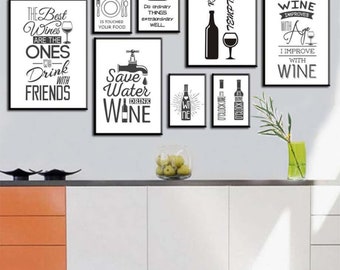 Affiche imprimable Wine Life Quotes, photo murale modulaire, décoration d'intérieur moderne de cuisine, art mural vigne, impressions de verres à vin, citations drôles numériques